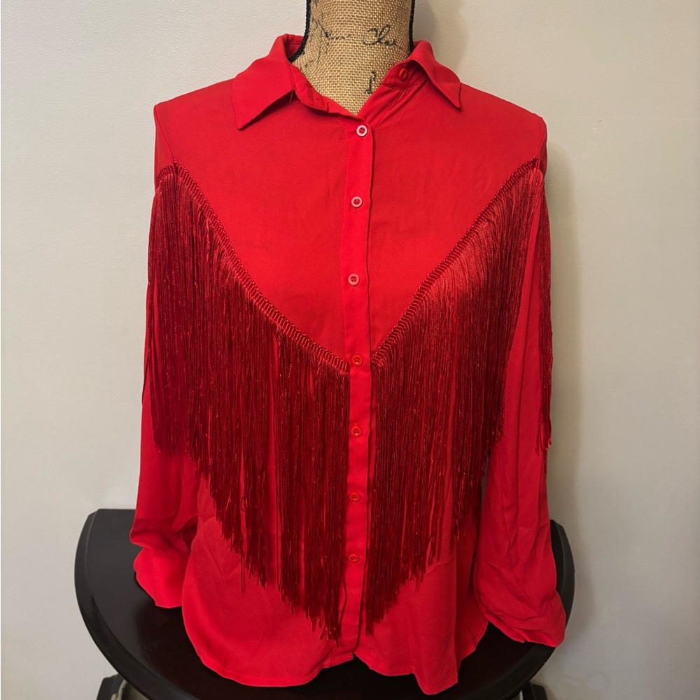 Chic Red Fringe Button Down Shirt